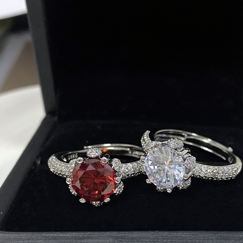 Marry's light luxury queen wedding ring 18K gold plated micro-set small diamond pigeon blood red zirconium diamond open adjustable ring