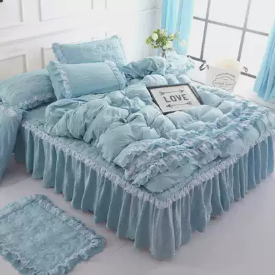 Net red washed cotton bed skirt four-piece set padded bed cover type cotton pure cotton quilt cover solid color Princess style bedding