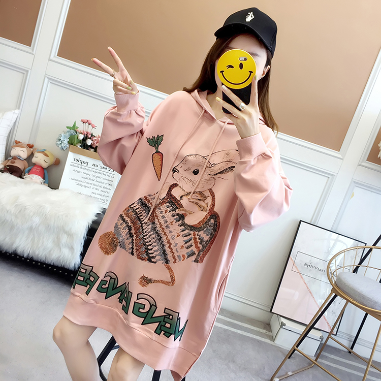 Spring and Autumn new pregnant women dress loose plus 200 kg - 300 kg fat mm hood cartoon long sleeve dress tide