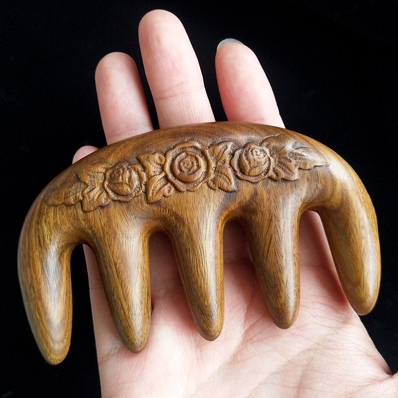 Head Meridians Comb Green Sandalwood Massage Comb Bifacial Carved 5 Tooth Head Therapy Comb Breast Dredge Scalp Massage Comb