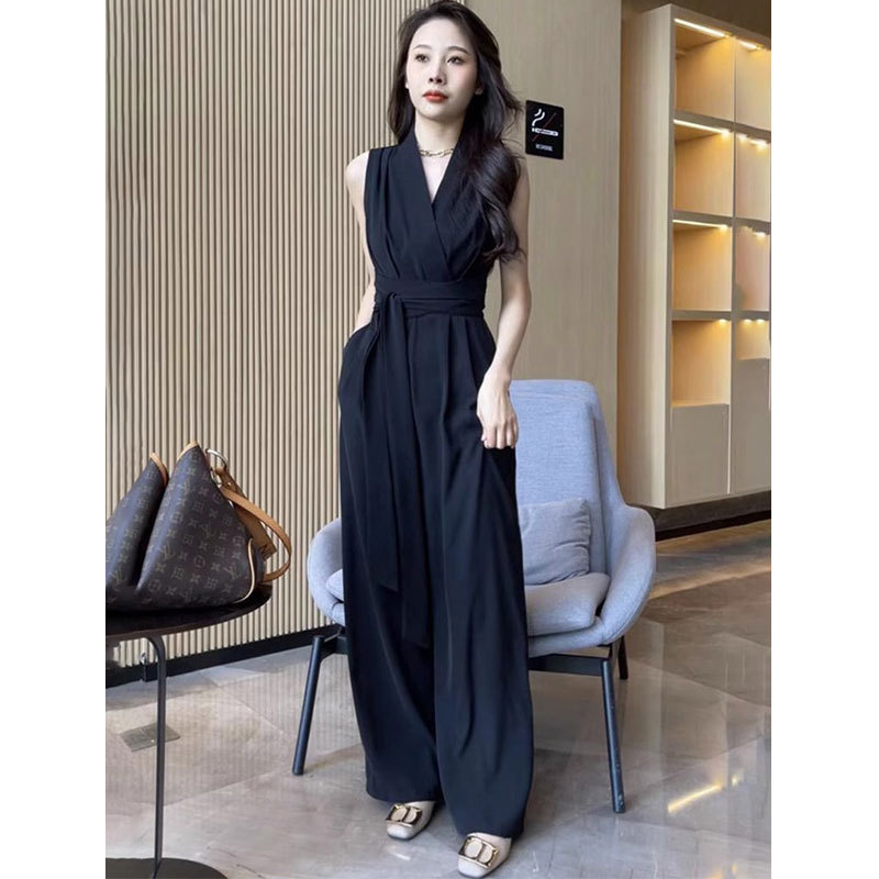 High-End Jumpsuit for Women, Summer French Style, Unique Design, Slimming One-Piece Wide-Leg Pants Set