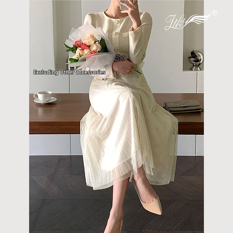 New Style Tweed Patchwork Dress with Mesh Pleated Long Skirt, High-Waisted Mid-Length Skirt, Solid Color Long Simple Date Outfit New Style Tweed Patchwork Dress with Mesh Pleated Long Skirt, High-Waisted Mid-Length Skirt, Solid Color Long Simple Date Outfit