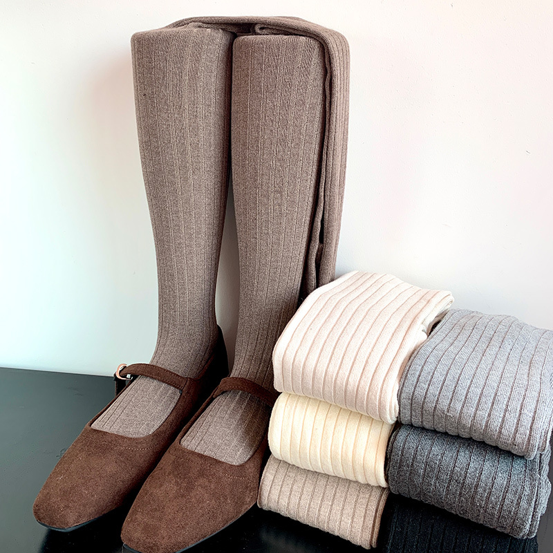 Retro Maillard Coffee-Colored Vertical Striped Leggings for Women, Spring and Autumn Khaki Japanese Style Jk Off-White Pantyhose