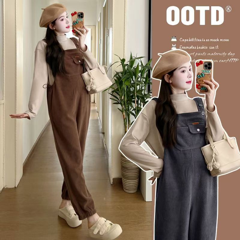 Maternity Overalls Spring and Autumn Maternity Warm Pants Outerwear Trendy Mom Fleece-Lined Thickened Pants Autumn and Winter Maternity Pants