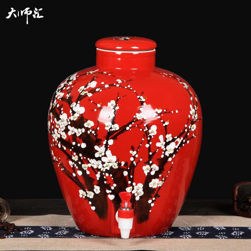 Jingdezhen ceramic jars 20 jins seal it mercifully bottle the wine bottle wine jar hand - made name plum blossom put with the tap