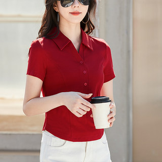 小个子短款翻领短袖t恤女2025夏季打底弧形下摆洋气体恤正肩上衣