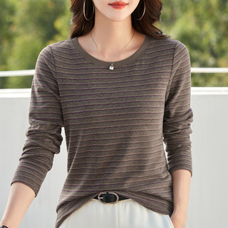 圆领宽松条纹长袖T恤女2025秋冬显瘦遮肚打底衫休闲运动大码上衣