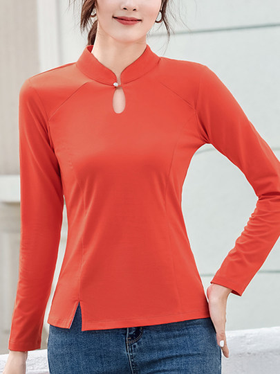 立领纯棉打底衫女春秋长袖t恤洋气新轻国风改良中式盘扣镂空上衣