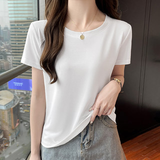 铜氨丝白色t恤女短袖宽松夏装新款纯色打底衫小个子正肩短款上衣