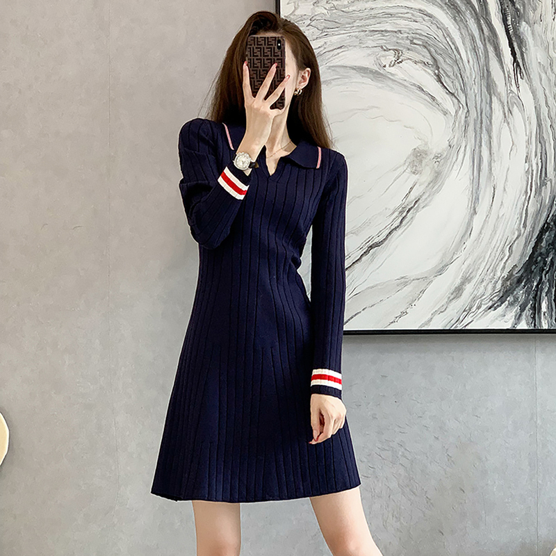 Women's Slimming Chanel-Style Polo Dress 2026 New Spring and Autumn Knitted Clothing Base Shirt Sweater Dress Winter