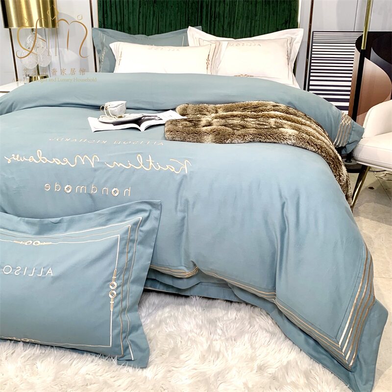 Nordic Hotels Wind 60 Double strands Grinding Four Pieces All Cotton Pure Cotton Light Lavish Minimalist Embroidery Pure Color Bed Bedding