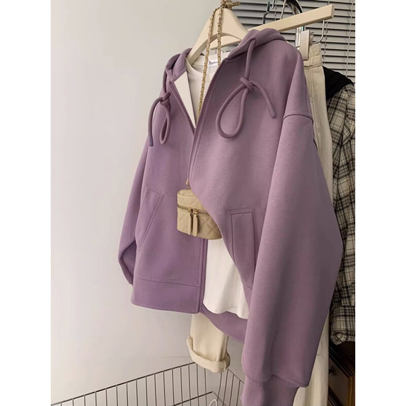 High-End Purple Zip-Up Hoodie with a Hood, New Spring and Autumn Style, Loose Fit, Plus-Size, Casual, Unique, Fleece-Lined Jacket