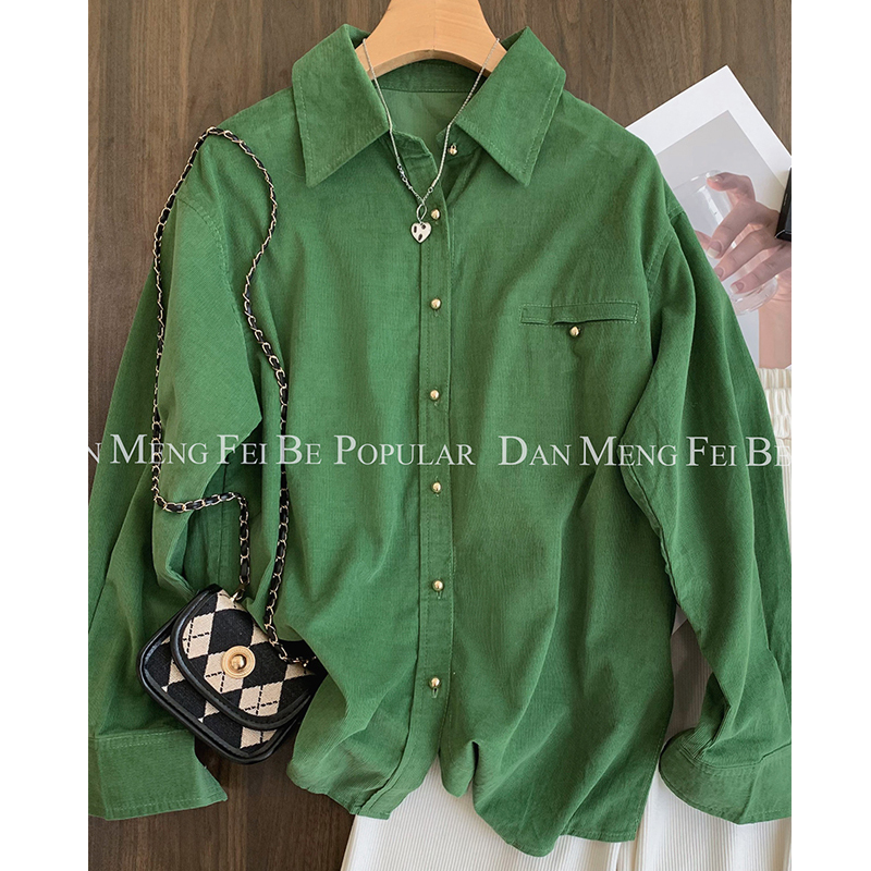 Hong Kong Style Retro Green Polo Collar Corduroy Shirt for Women, Spring and Autumn Design, Niche Outerwear Long-Sleeve Shirt Top