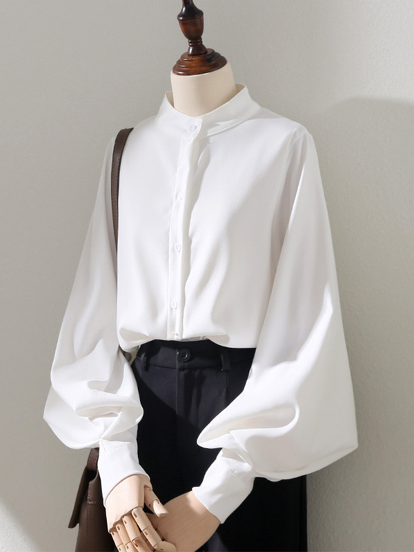 Spring and Autumn New Lantern Sleeve White Shirt Women's Long Sleeve Brushed Top Korean Style Light Workwear Hong Kong Style Elegant Stand Collar Shirt Spring and Autumn New Lantern Sleeve White Shirt Women's Long Sleeve Brushed Top Korean Style Light Workwear Hong Kong Style Elegant Stand Collar Shirt