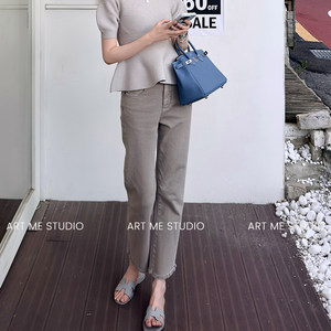 Artme Guagua Simple and Versatile Frayed Hem Pants for Women, Autumn High-Waisted Cropped Pants That Flatter the Figure, Two-Color Jeans W26049
