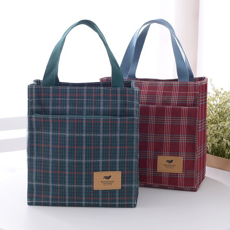 Canvas bento with large bento bag student office worker with rice large-capacity canvas bag simple plaid handbag