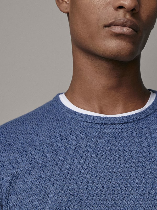18 mùa thu và mùa đông Xiban M răng cotton và cashmere kết hợp gợn sóng kết cấu áo len nam cổ tròn áo khoác bomber