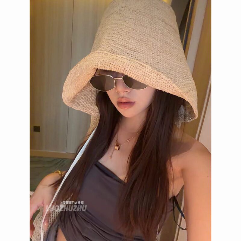 Luo Zhu [Ralffy Bucket] Designer Hat Spring and Summer Women's Sun Hat Sun Protection Neck Windproof Large Brim Straw Hat