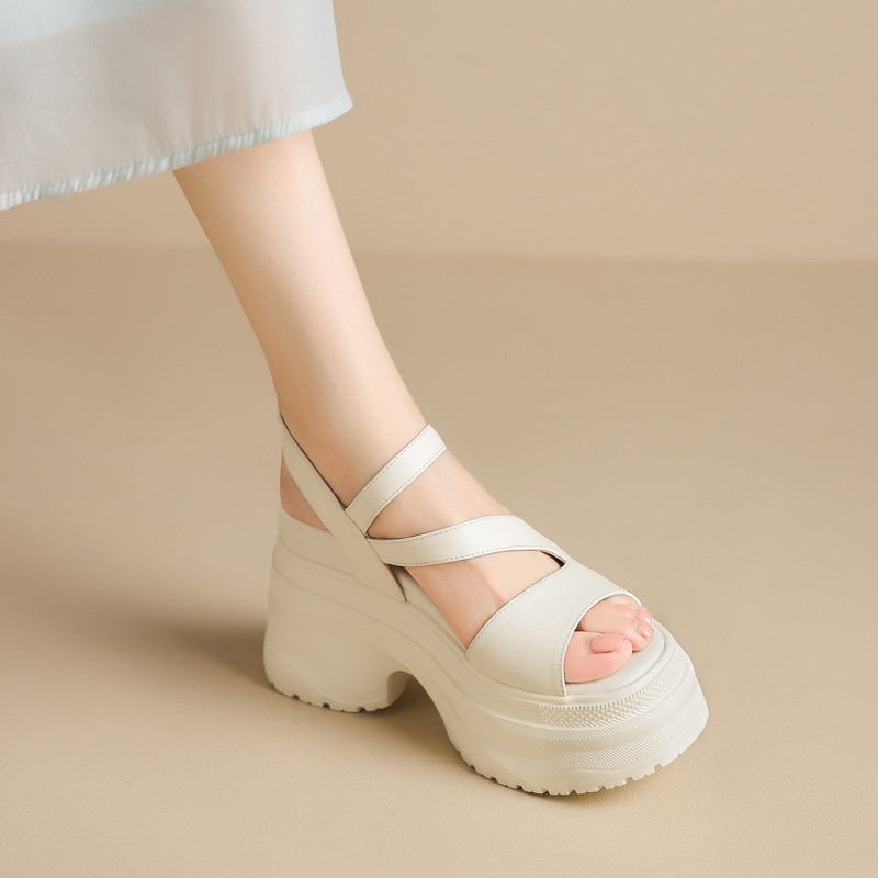 [Genuine Sheepskin] 12cm High Heel Platform Casual Height-Increasing Roman Sandals for Women, Summer Platform Casual Shoes