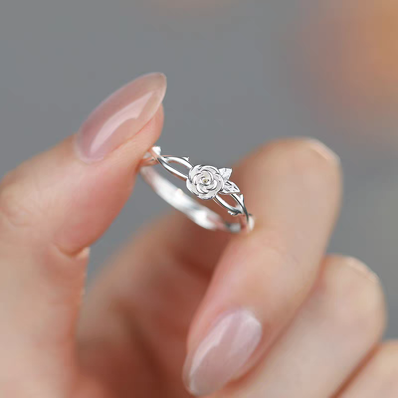 Pure silver rose ring for women, adjustable ins niche design, fashionable and simple open ring