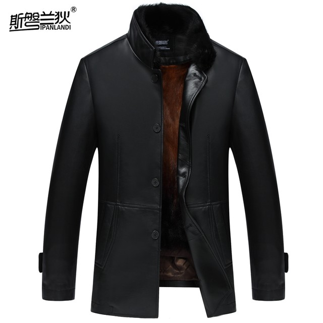 ເສື້ອຫນັງແທ້ mink fur stand collar jacket leather sheepskin mid-length gold mink liner jacket leather jacket for men