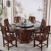 All solid wood round dining table carved oak large round table household dining table 12 people Chinese imitation classical dining table and chair combination