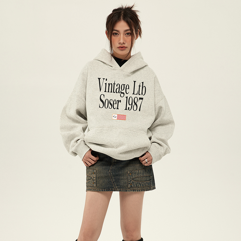 SOSER Autumn Winter New American Retro Alphabet Printed Heavy Pound With Cap Plus Suede Male And Female Tide Loose Hood Sweatshirt-Taobao