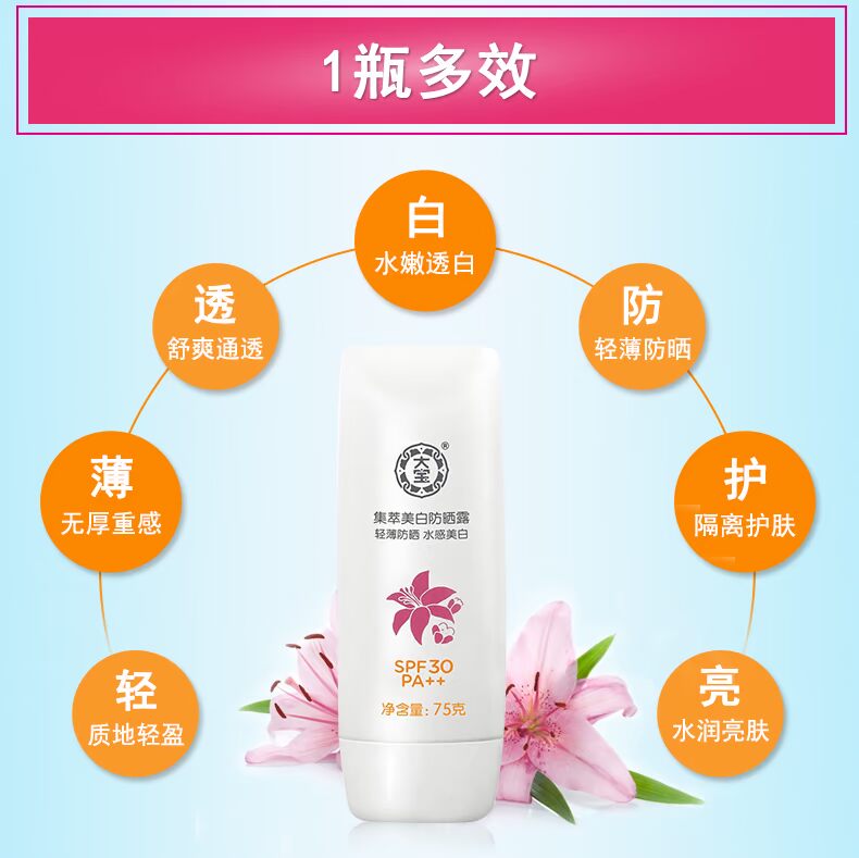 Bộ sưu tập Dabao Kem chống nắng làm trắng da Lotion 75g Làm trắng dưỡng ẩm Cách ly UV Nam và Nữ Sinh viên quân sự kem chống nắng skin aqua màu hồng