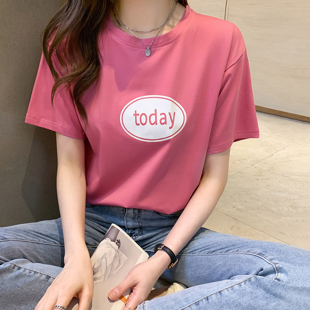 Rose red short-sleeved T-shirt women's 2022 new summer loose thin section niche design shirt printing half-sleeve