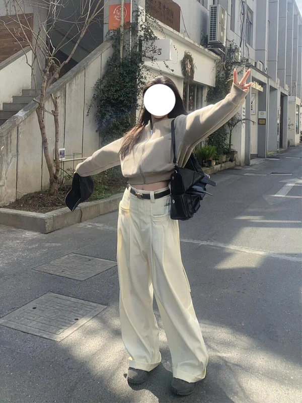 Kskm White Wide-Leg Suit Pants for Women, Spring and Autumn Trendy American Retro High-Waisted Drape Work Pants