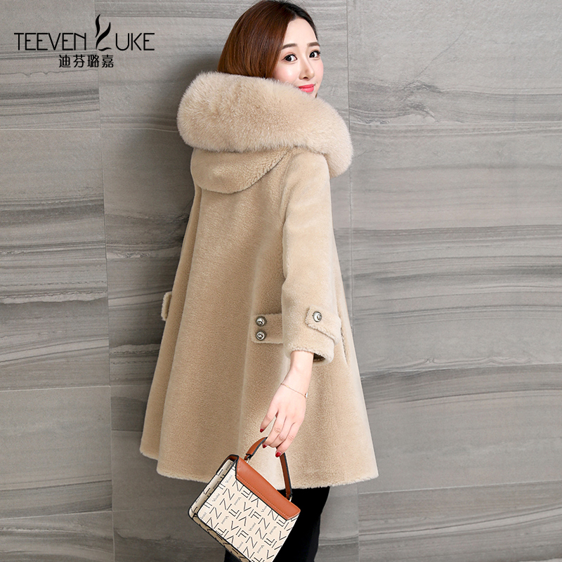 Korean version of the new Haining wool grain velvet coat fox fur hooded coat fur women's mid-length sheep shearing