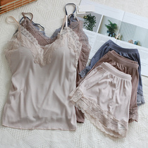Summer harness shorts suit silk slip Modale lace side pyjamas with bra slim down to bottom sexy womens underwear