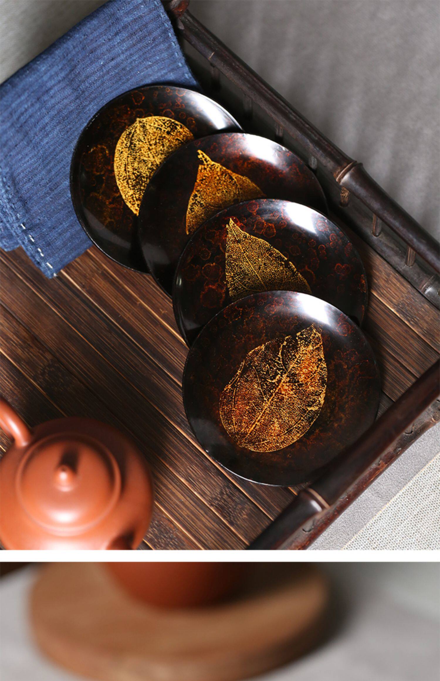 Китайское чайное блюдце 中式手工大漆铜杯垫大号叶子茶托隔热防烫杯托禅意茶垫功夫茶配件