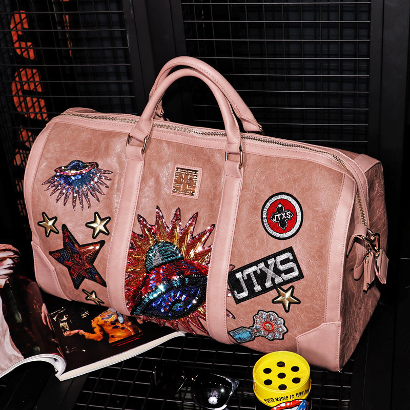 Tide Cards New Travel Bag Handbags Single Shoulder Diagonal Satchel Large Capacity Luggage Bag Personality Sequined Badge Fitness Bag