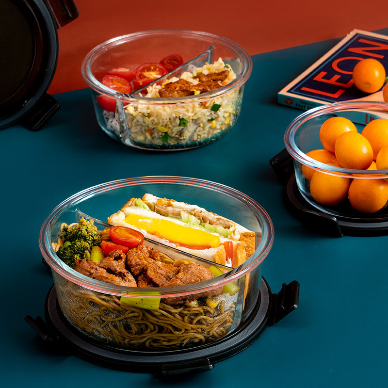 Glass refreshing box with microwave heating lunch box heatproof rectangular student lunchbox round with cover dining box