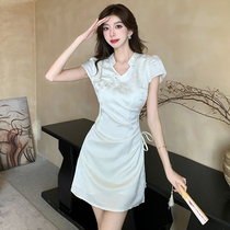 Ocnltiy｜Advanced temperament~Buckle tassel cheongsam summer short-sleeved dress waisted jacquard satin skirt
