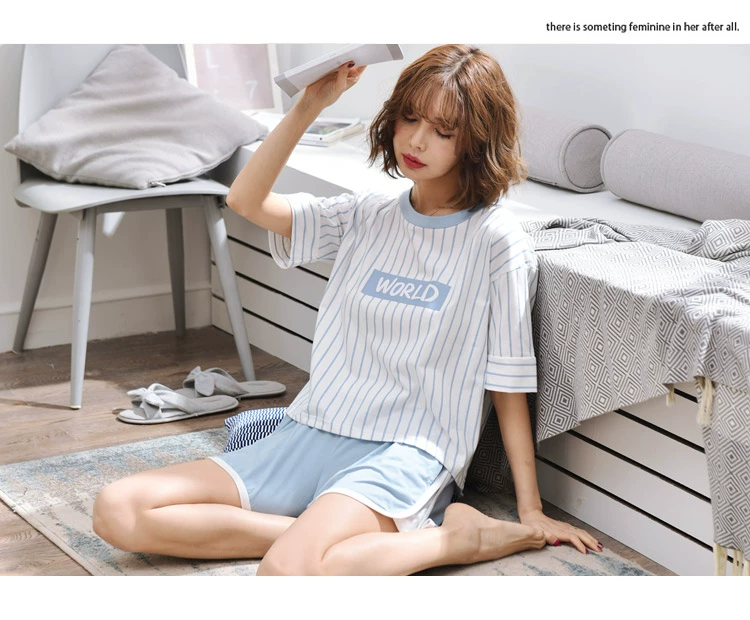 Bộ đồ ngủ mùa hè của phụ nữ phù hợp với đồ cotton ngắn hai mảnh đầy đủ có thể được mặc bên ngoài phiên bản tiếng Hàn của dịch vụ gia đình dành cho sinh viên mới.