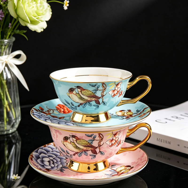 European-Style Palace-Style Bone China Coffee Cup and Saucer Set, Afternoon Tea Cup with Floral and Bird Motifs, Gold-Rimmed Tea Set, Luxurious and Exquisite Set