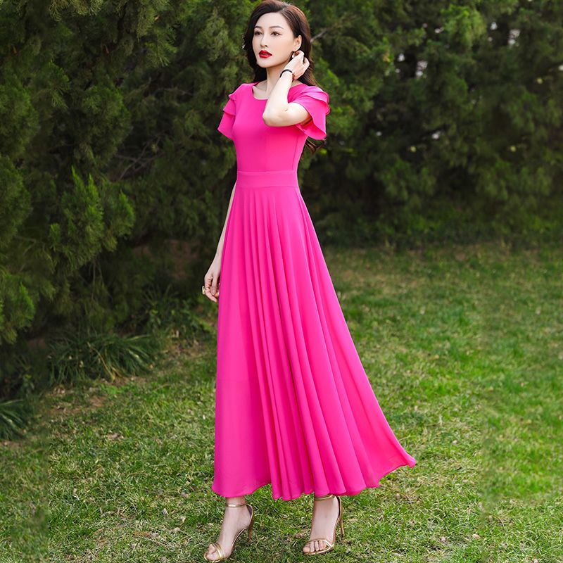 Rose Red Chiffon Dress Women's 2025 Summer New Beach Long Swing Skirt Seaside Vacation to Feet Naked Long Skirt