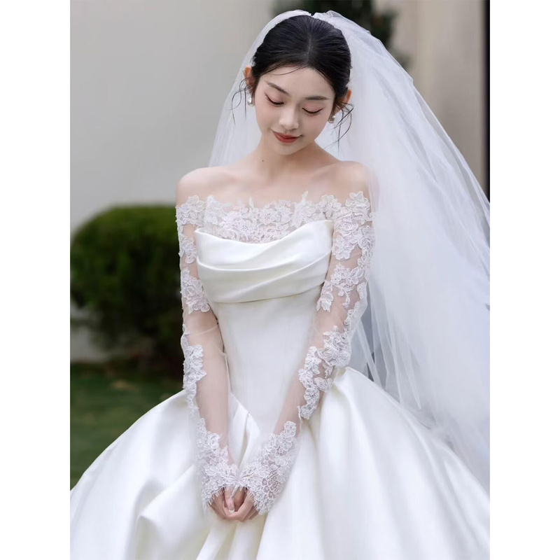 One-Shoulder Long-Sleeve Satin Wedding Dress 2026 New Style Bridal Main Gown French Light Luxury High-Quality Texture Trailing Wedding Dress