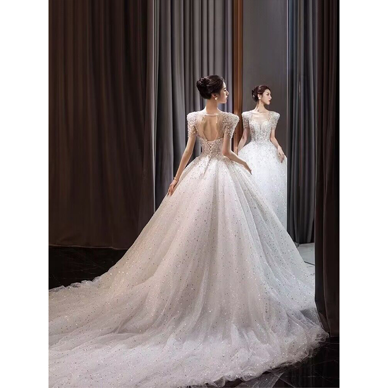 French light wedding dress 2023 new bride's main yarn super heavy work wedding dress in the fugitive princess pregnant woman dragging the tail gauze French light wedding dress 2023 new bride's main yarn super heavy work wedding dress in the fugitive princess pregnant woman dragging the tail gauze
