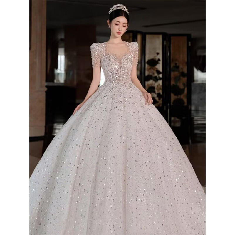 French light wedding dress 2023 new bride's main yarn super heavy work wedding dress in the fugitive princess pregnant woman dragging the tail gauze French light wedding dress 2023 new bride's main yarn super heavy work wedding dress in the fugitive princess pregnant woman dragging the tail gauze