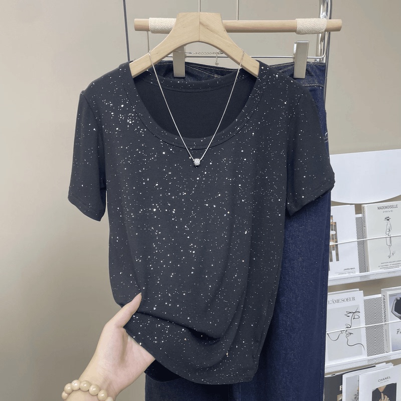 Plus Size Women's Clothing, Shiny Summer Sequin Versatile Short-Sleeve Round-Neck Slimming Niche T-Shirt, Loose Popular Top for Women
