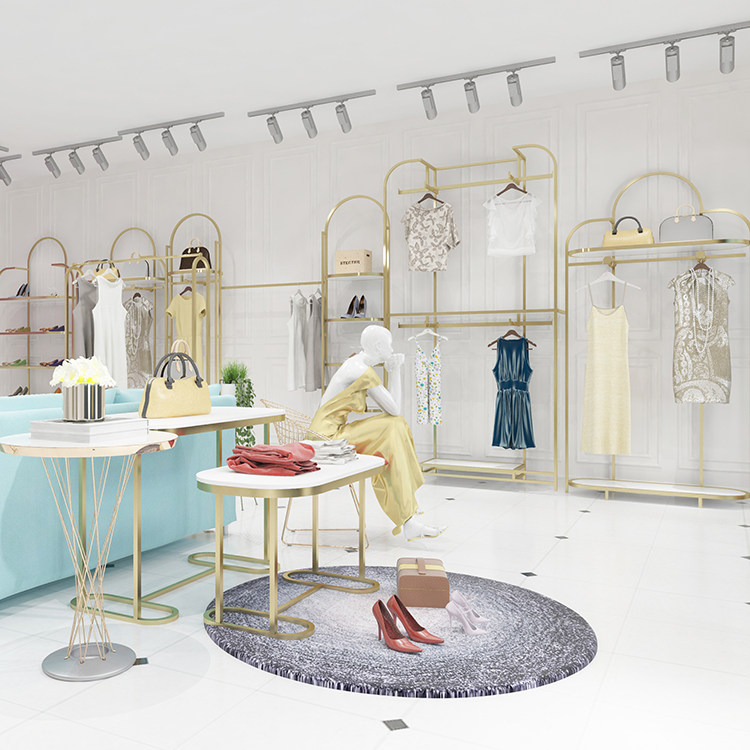 Gold women's clothing store display stand Floor-to-ceiling combination shelf Light luxury nano gold clothing display rack Double-layer hanger