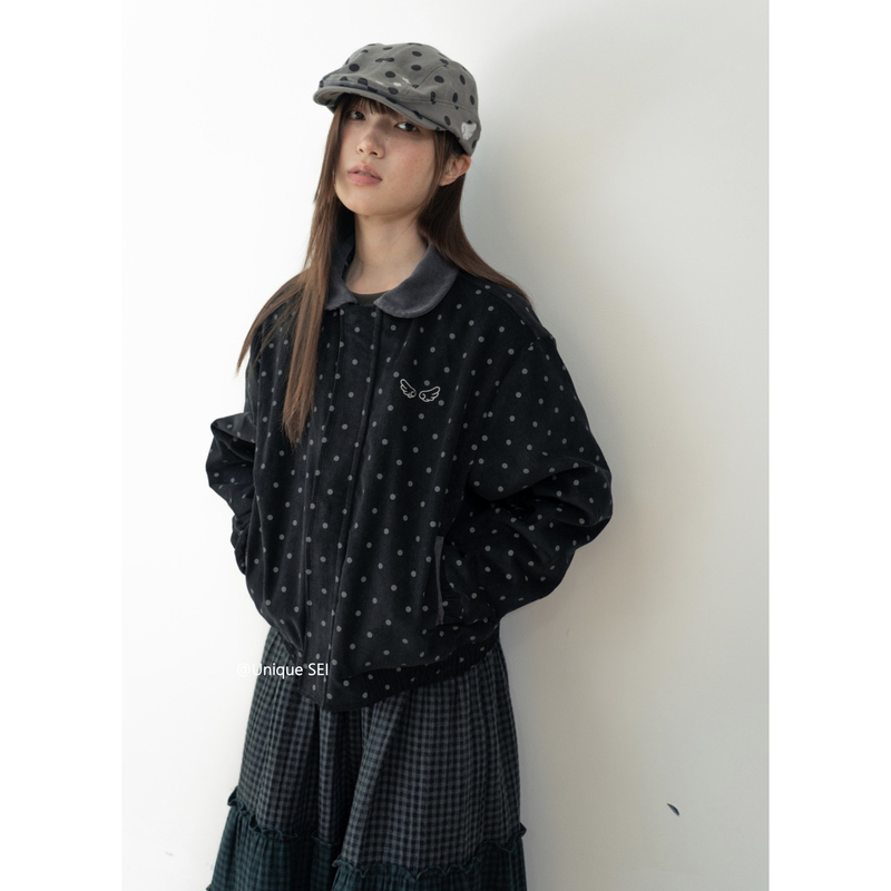 Unique Sei Korean Style Autumn and Winter Retro Corduroy Small Round Neck Wing Embroidery Polka Dot Casual Jacket Short Coat