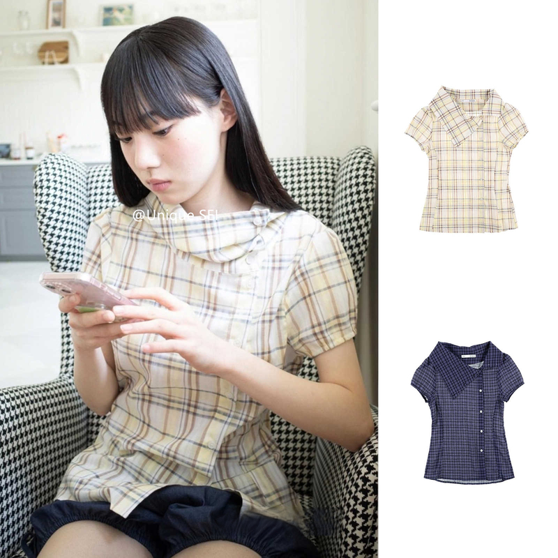 Unique Sei Summer Retro Plaid Diagonal Lapel Button Slim Fit Versatile Short-Sleeved Shirt Top