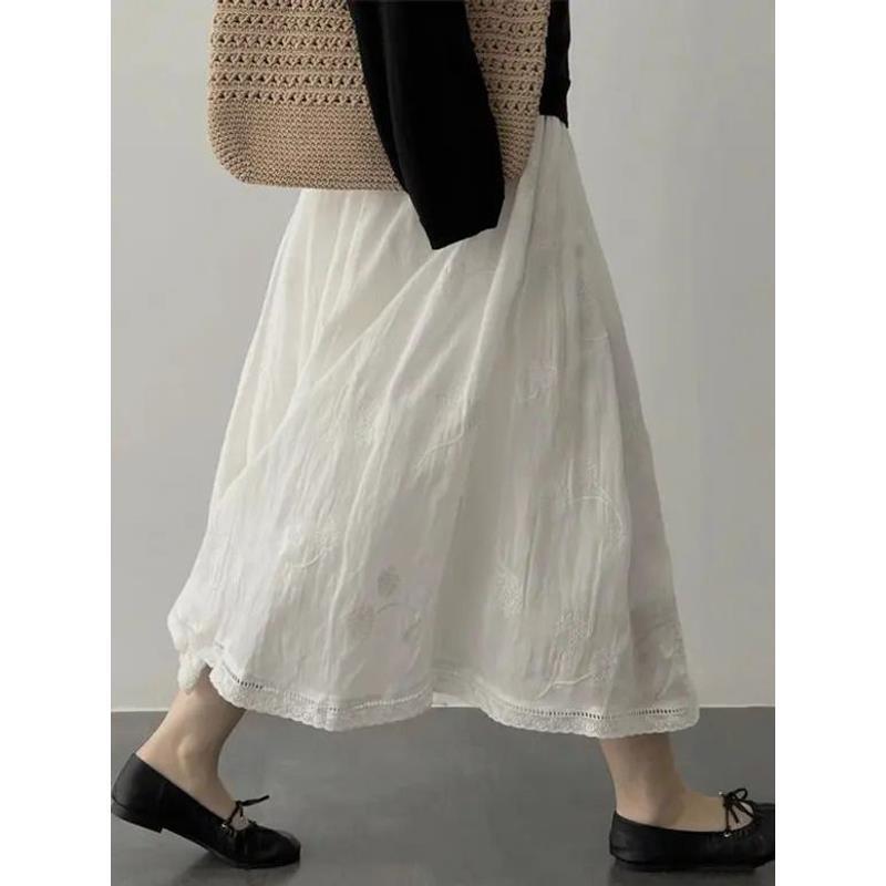 Tea Break French Embroidery White Gentle Style A-Line Skirt for Women, Vintage Mid-Length Mesh Casual Long Skirt with Elegance