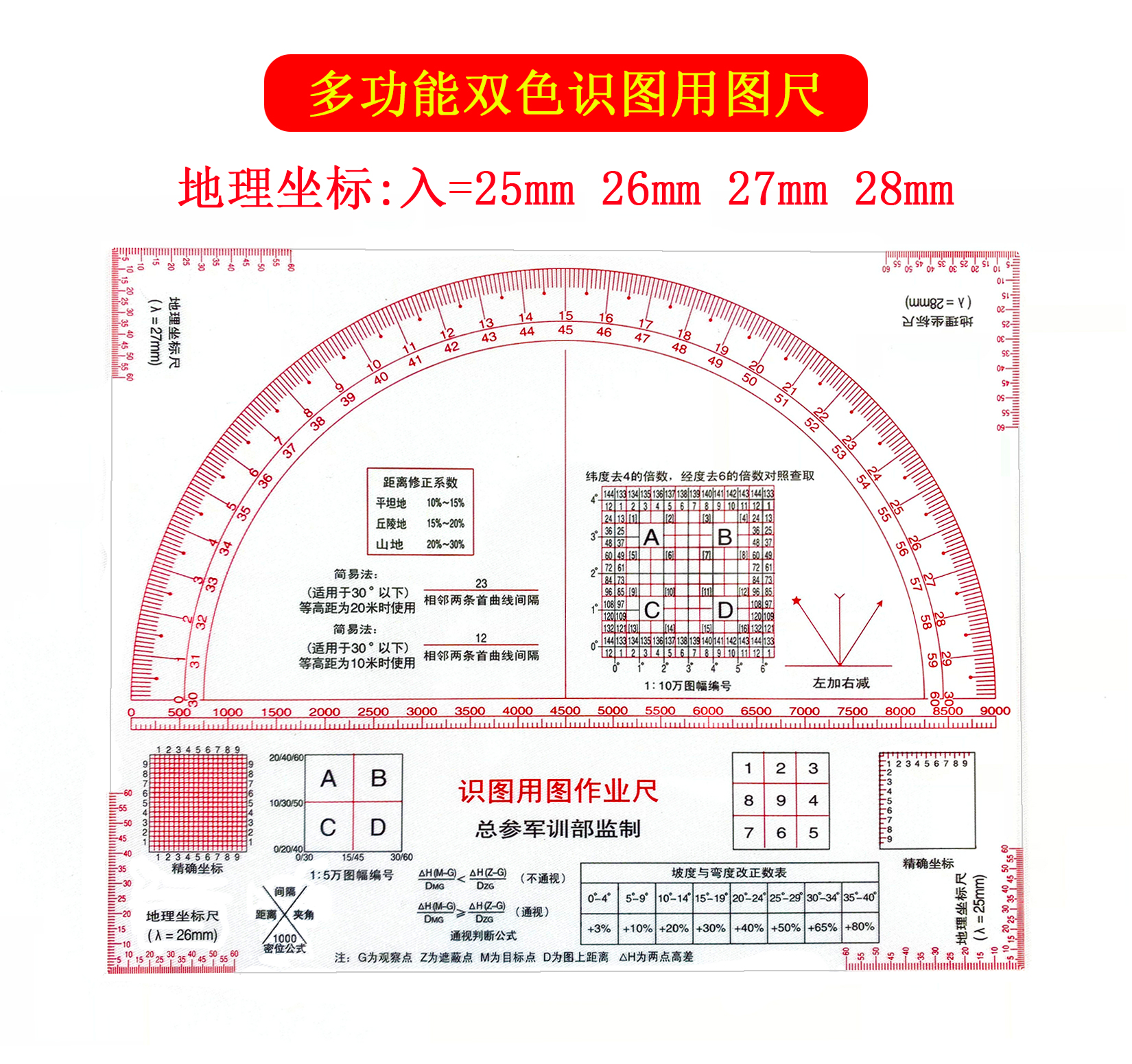 Multifunctional two-tone command ruler 1: 50 thousand geo-coordinate ruler Military topographic ruler with latitude and ruler 