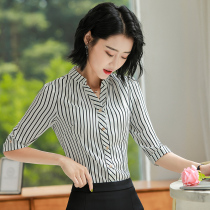 Business shirt summer 2021 summer new chiffon seven-point sleeve short sleeve striped shirt women Middle sleeve dress