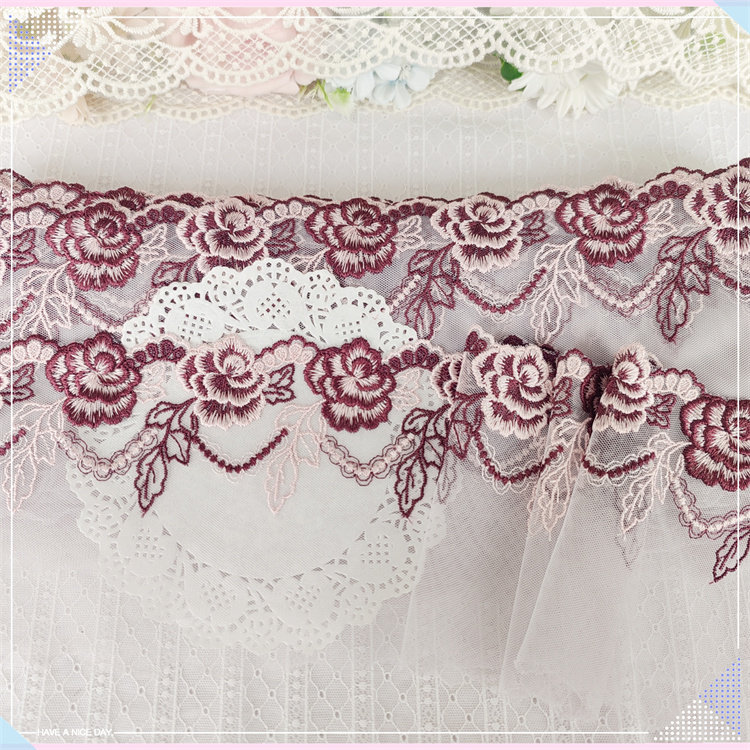 1157 The whole bundle of daily orders about 14-15 yards wine red flower embroidery lace diy doll clothing accessories